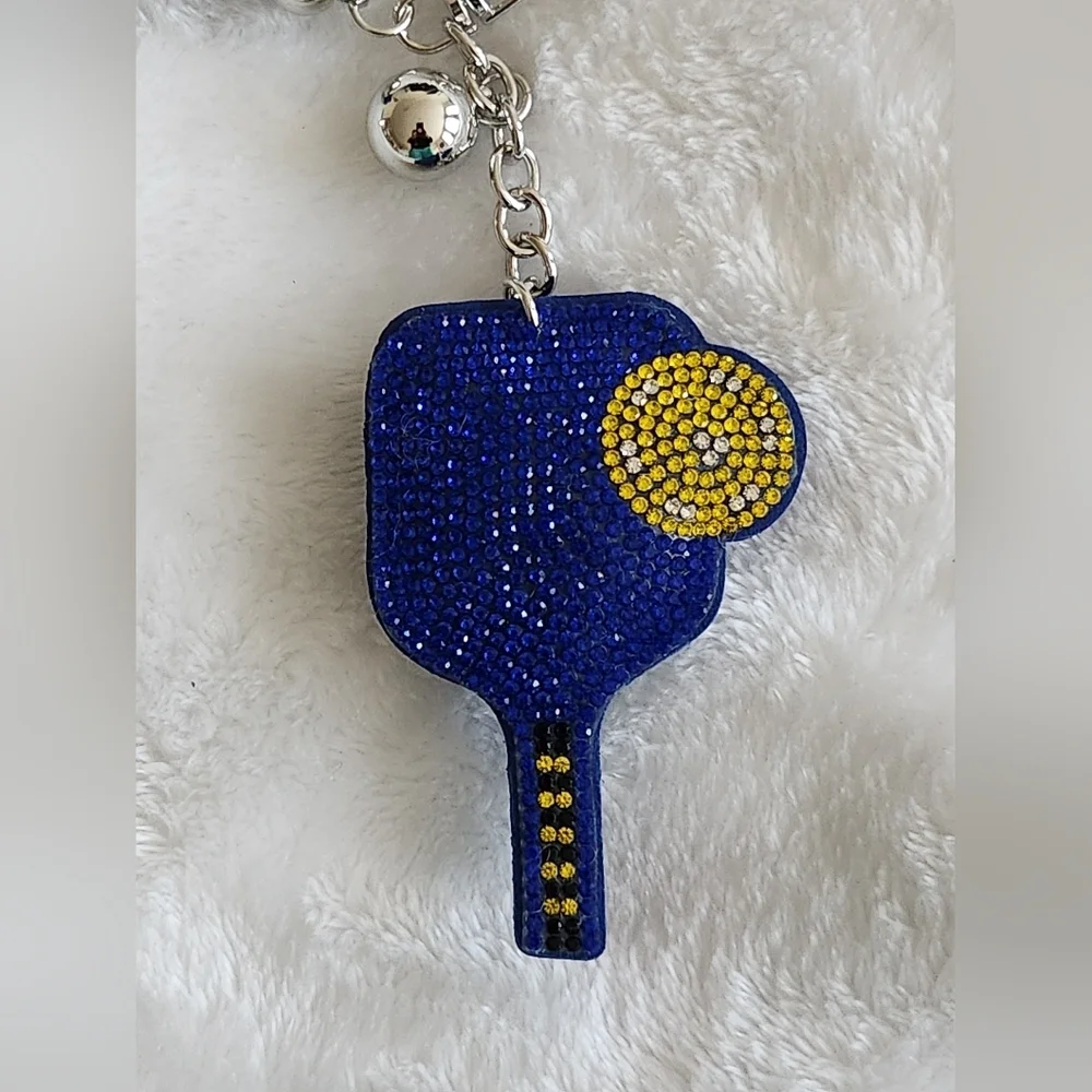 Pickleball Blue and Yellow Rhinestone Keychain Bag Charm